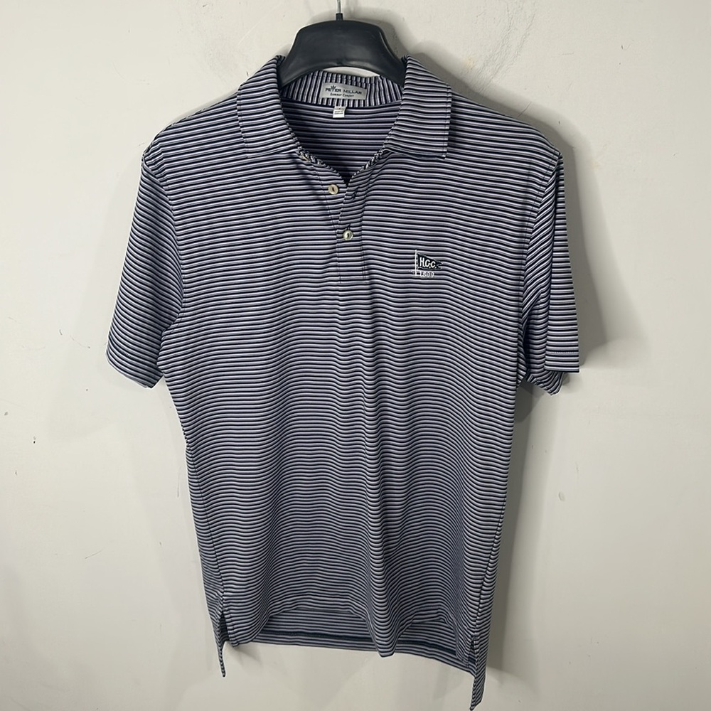 Peter Millar Mens Small H.C.C. Blue and White Striped Polo